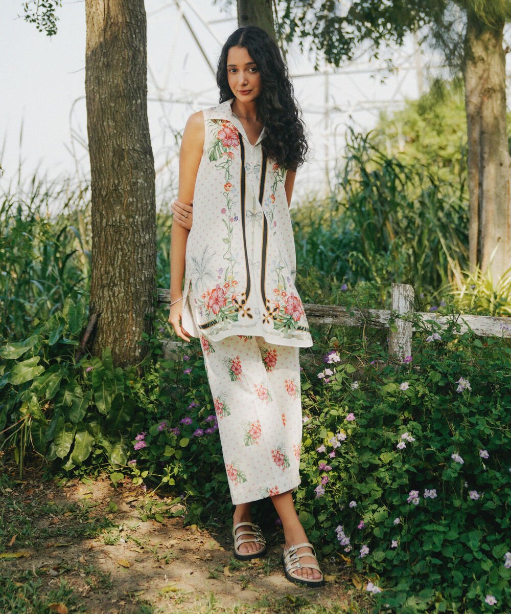 Women's RTW Cotton Viscose Printed Off White Straight Shirt