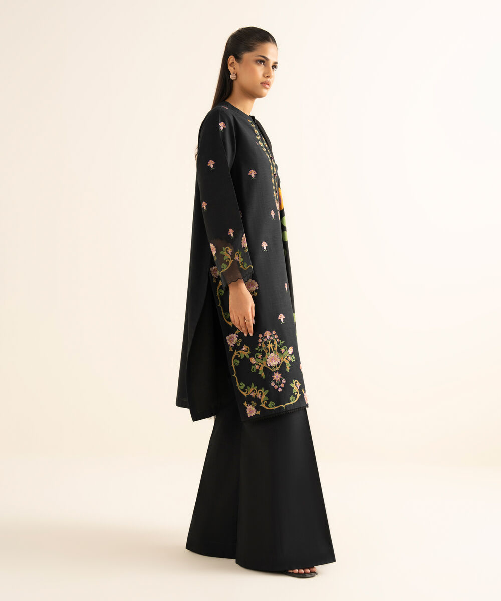 Women's Unstitched Khaddar Embroidered Black 3 Piece Suit