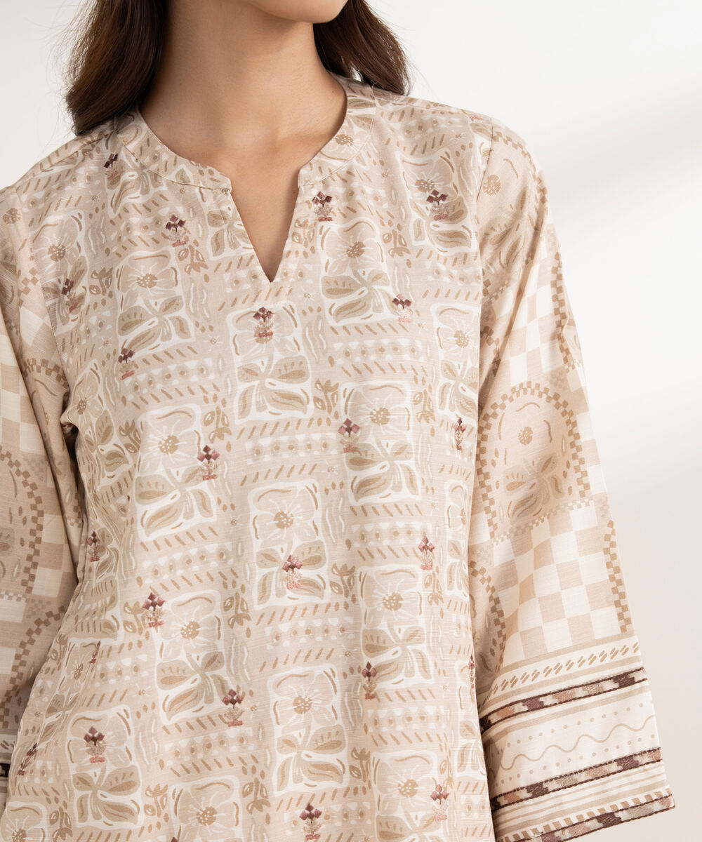 Women's RTW Arabic Khaddar Embroidered Straight Beige Shirt
