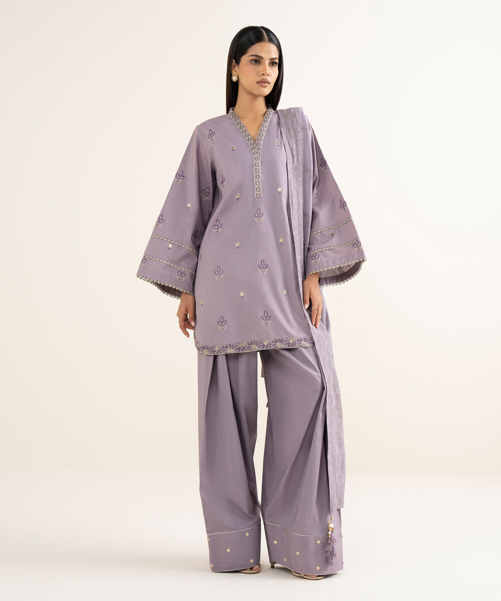Women's Unstitched Embroidered Cotton Lilac 3 Piece Suit