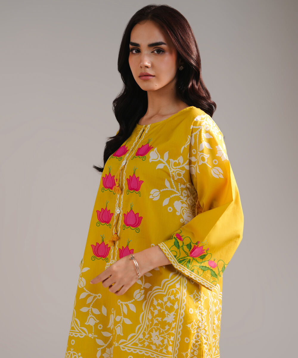 Women's RTW Cambric Printed Yellow Straight Shirt