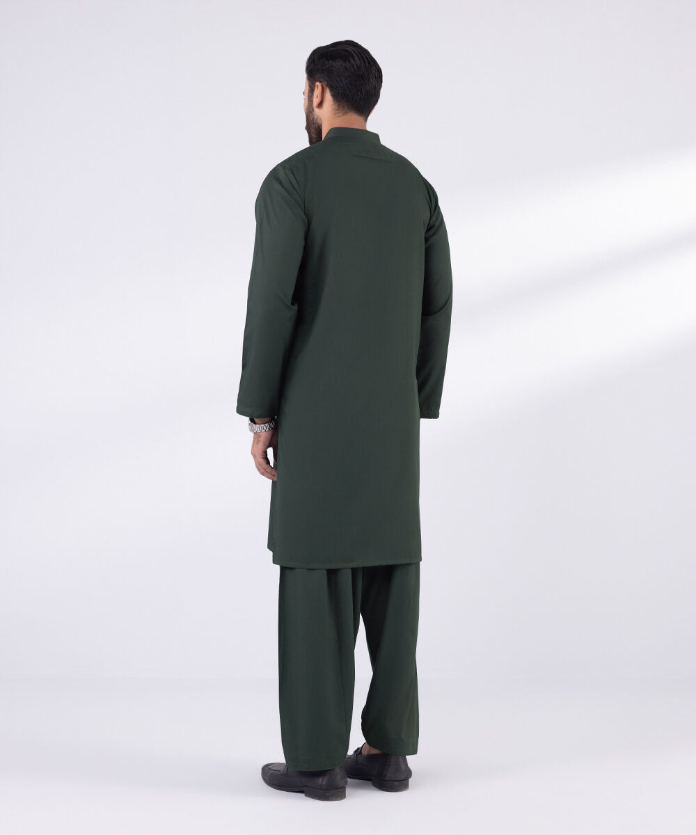 Men's Blended Stitched Plain Green Kurta