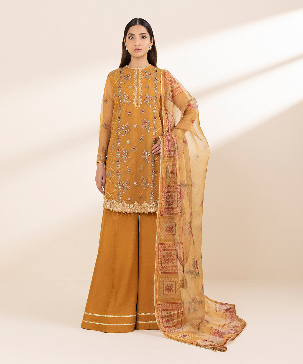 Unstitched Women's Yellow Organza Embroidered 3 Piece Suit