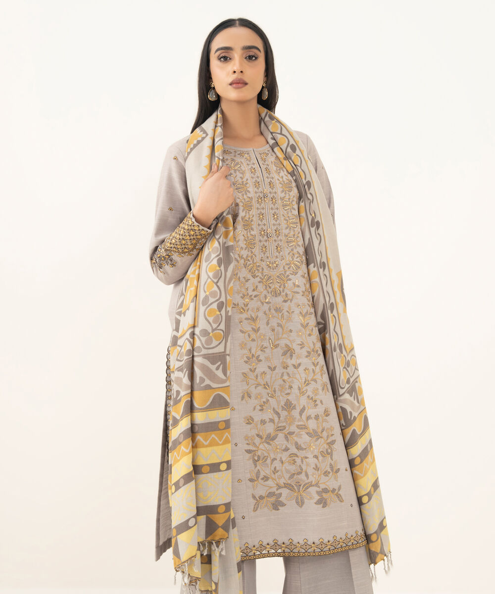 Women's Unstitched Embroidered Khaddar Light Gray 3 Piece Suit