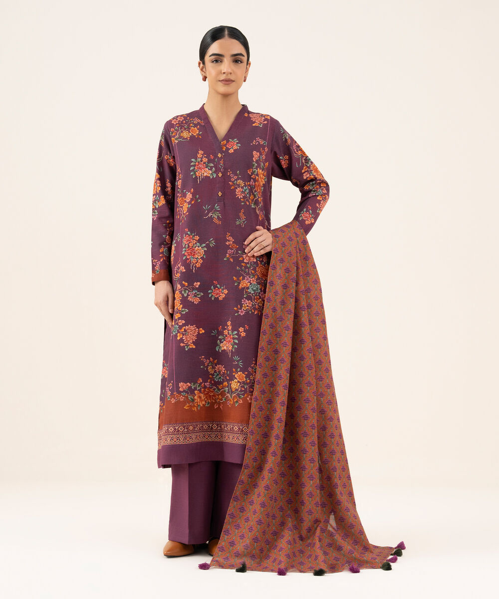 Women's Unstitched Cotton Printed Purple 3 Piece Suit