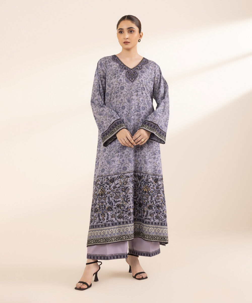 Women's RTW Lawn Purple Embroidered A-Line Shirt