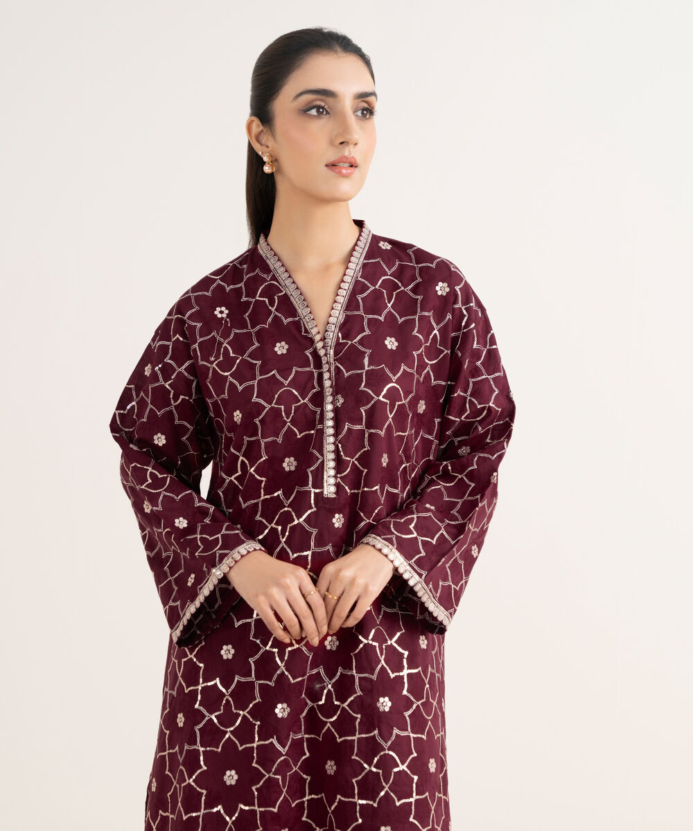 Women's RTW Self Jacquard Leno Embroidered Maroon Drop Shoulder Shirt