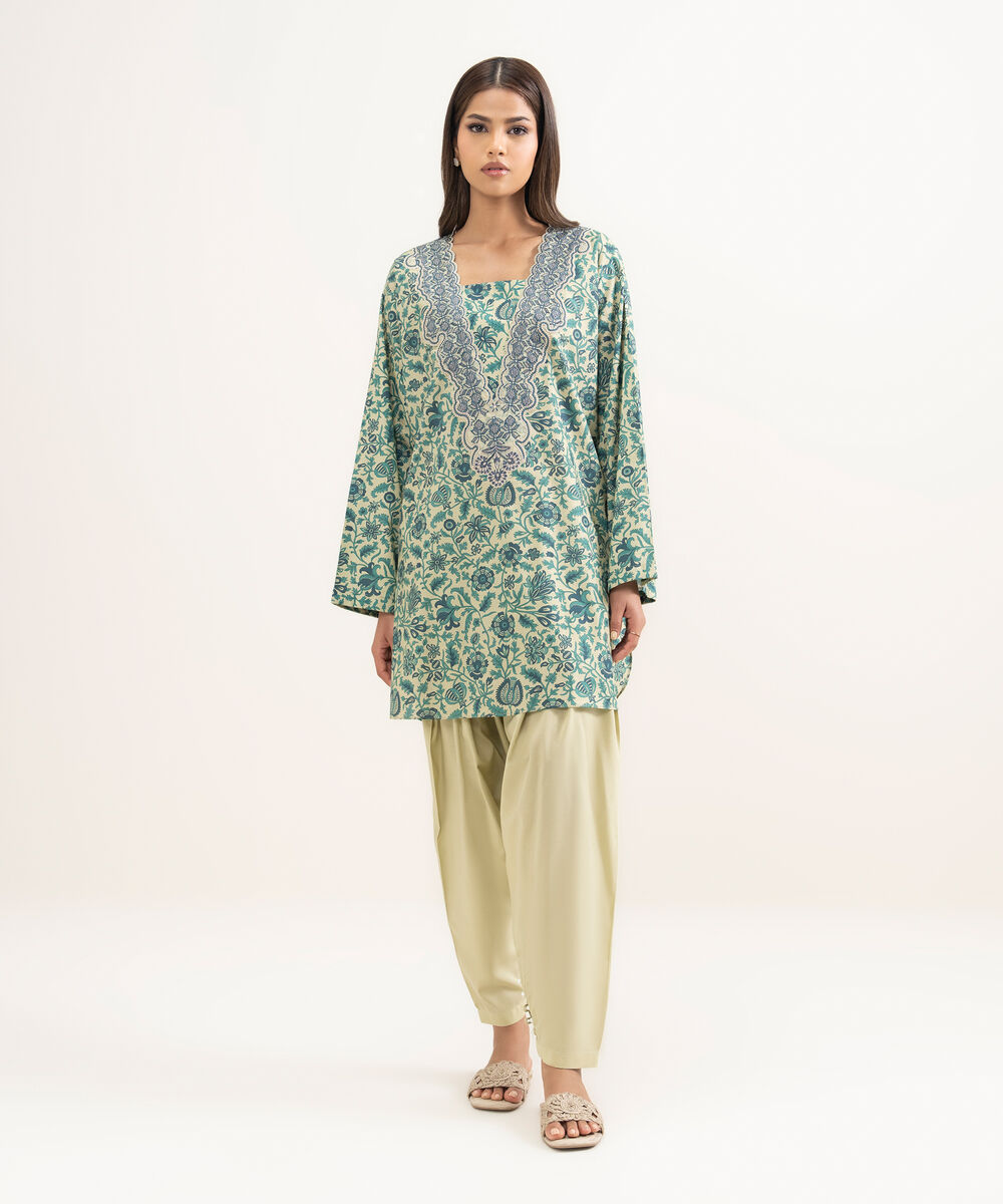 Women's RTW Cotton Viscose Embroidered Green Straight Shirt