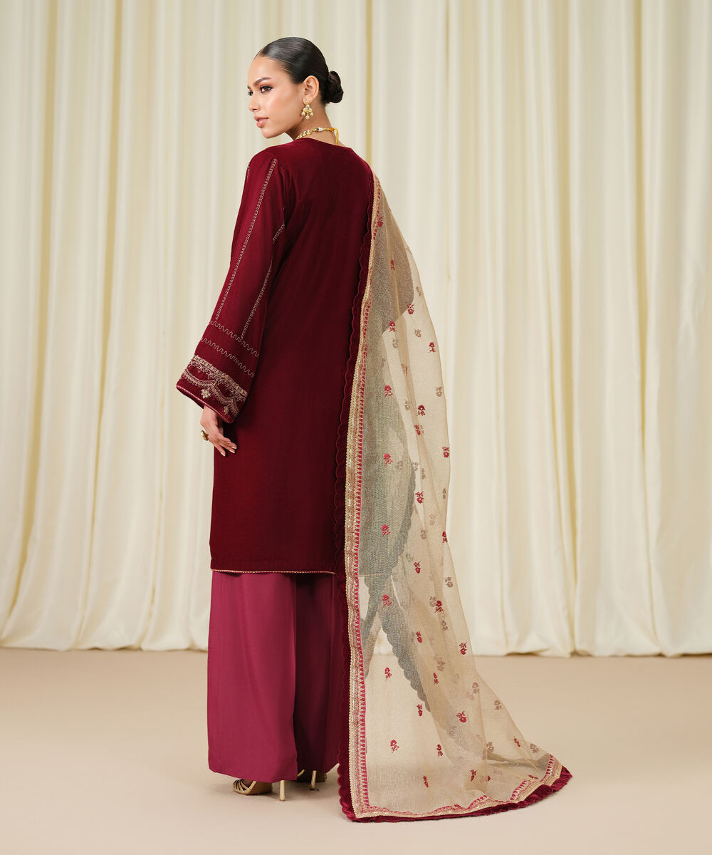 Women's Unstitched Embroidered Velvet Red 3 Piece Suit