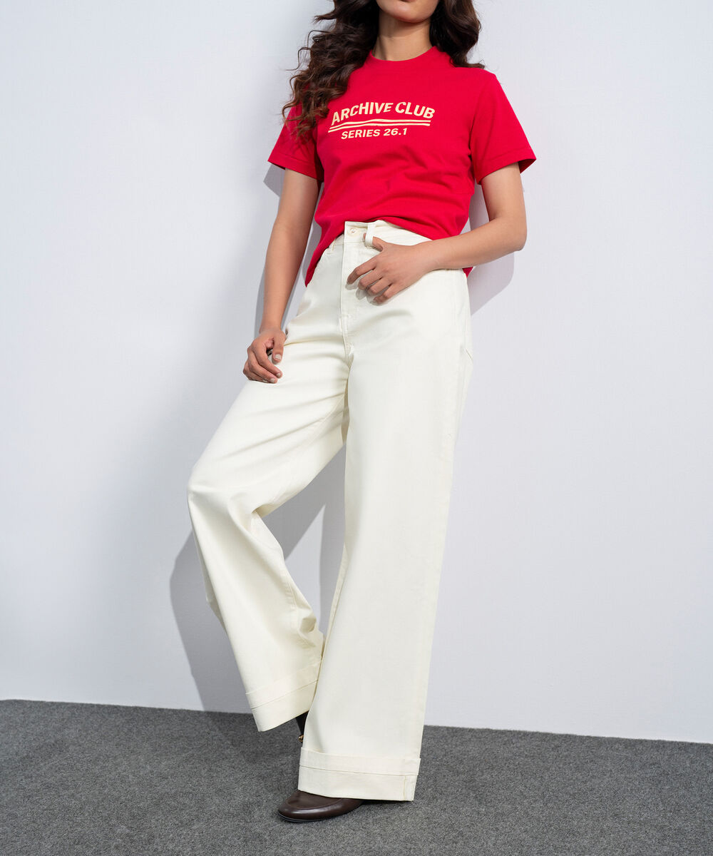 Women's Western Off White Turn-Up Hem Chino Trousers