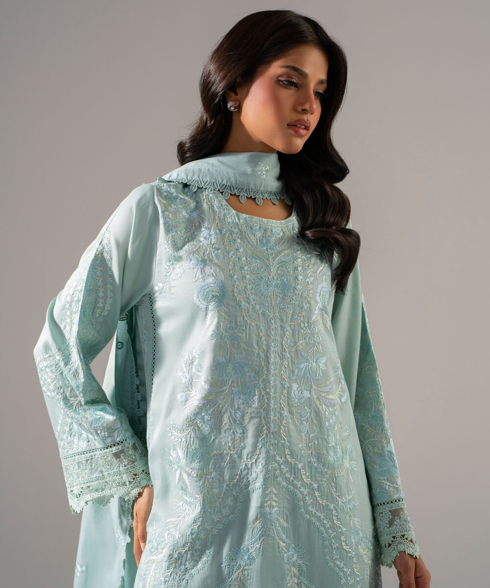 Women's RTW Cotton Satin Solid Embroidered Blue 3 Piece Suit