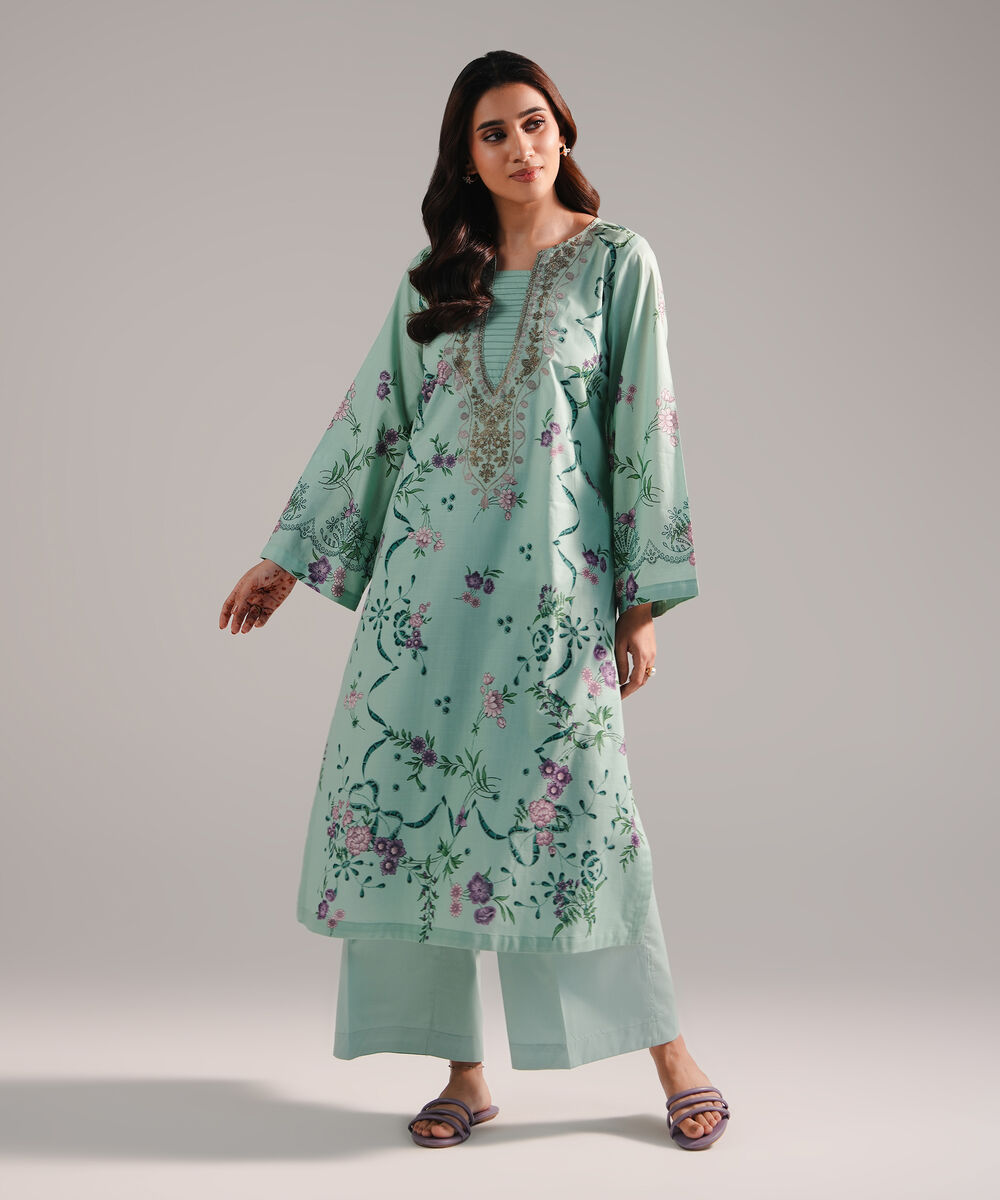 Women's RTW Slub Lawn Embroidered Green Straight Shirt