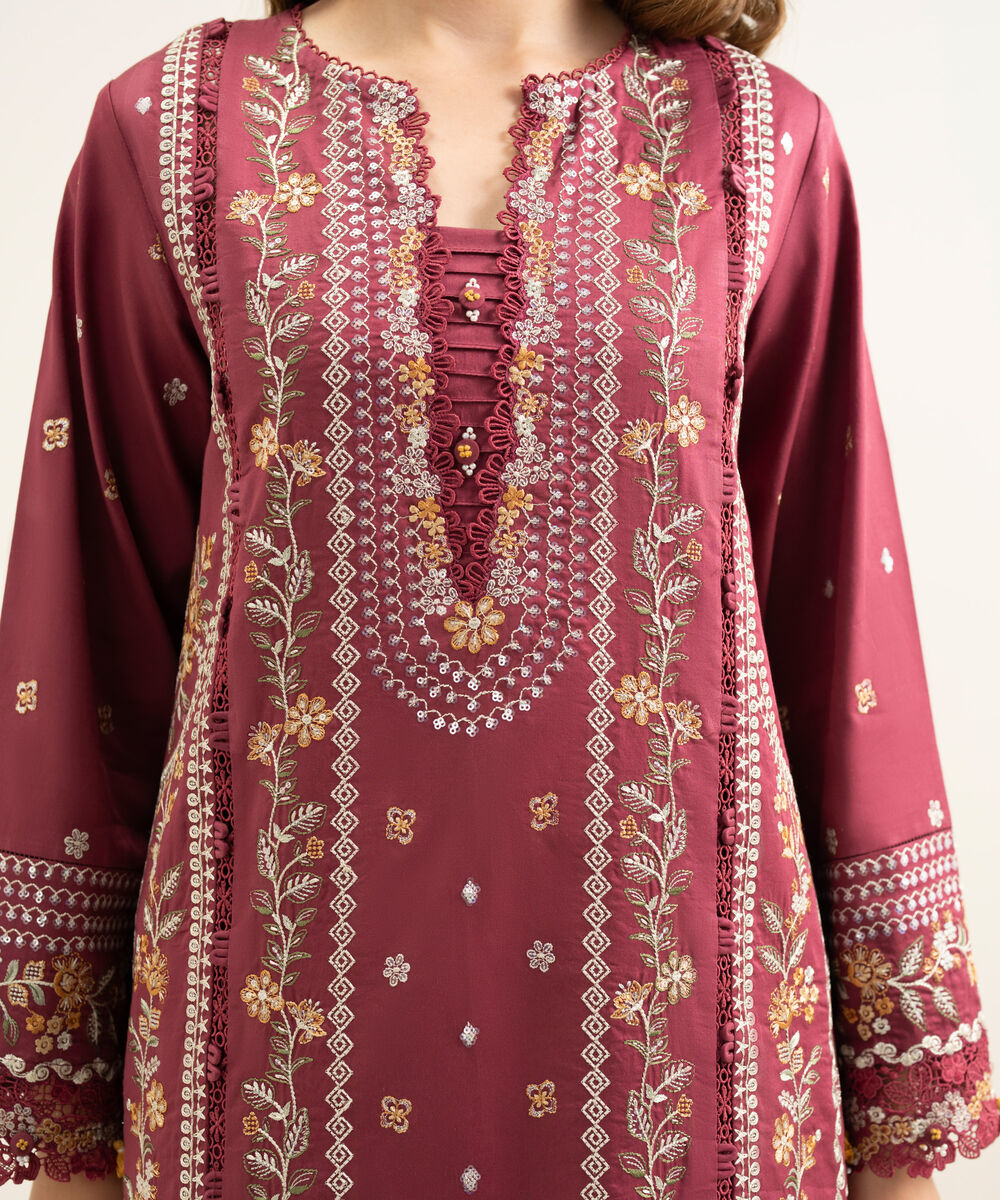 Women's Unstitched Fine Cotton Satin Embroidered Red 3 Piece Suit