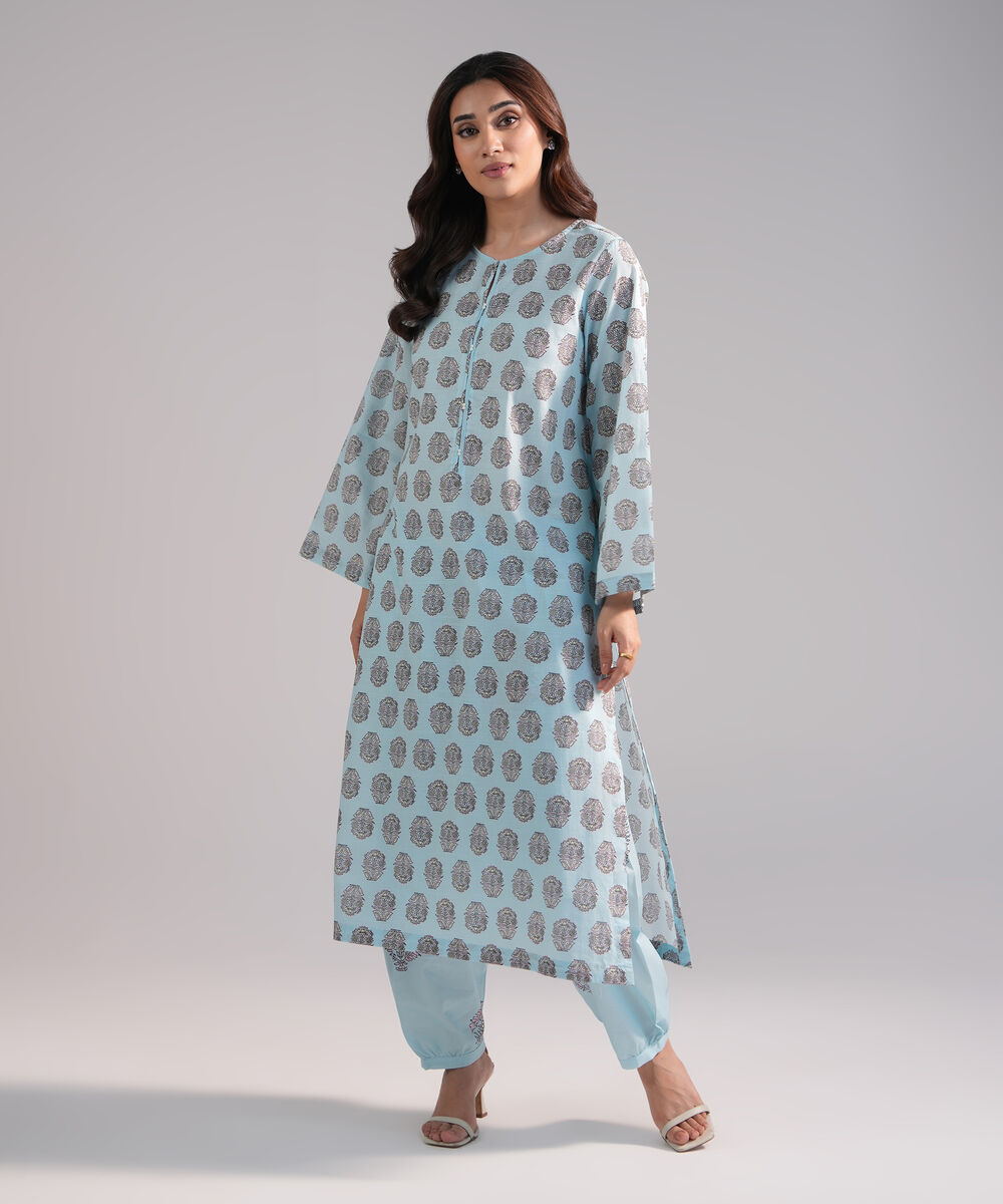 Women's RTW Slub Lawn Printed Blue Straight Shirt