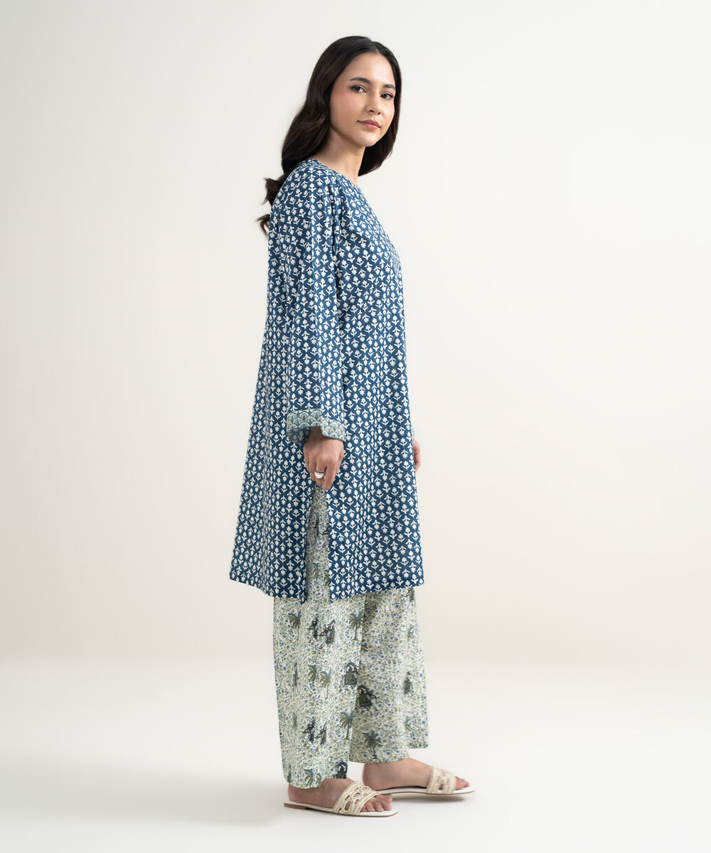 Women's RTW Lawn Printed Blue Straight Shirt
