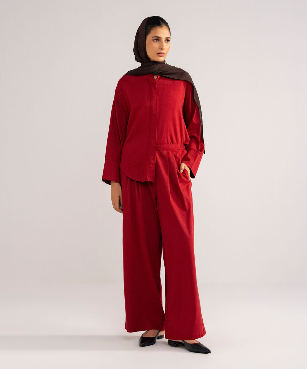 Women's Burnt Red Loose-Fit  Pleated Pants