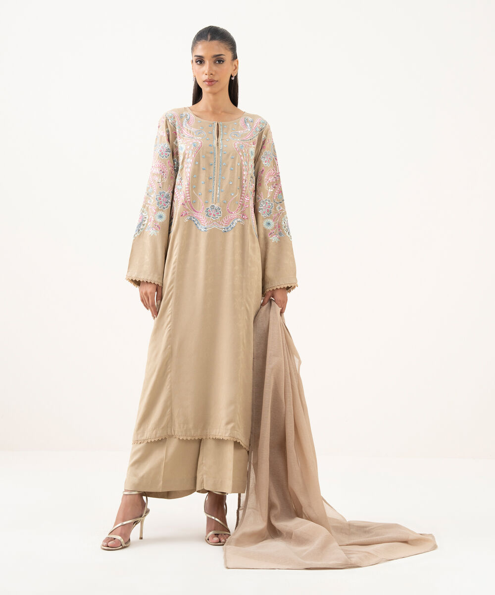 Women's RTW Textured Viscose Embroidered A-Line Beige Shirt