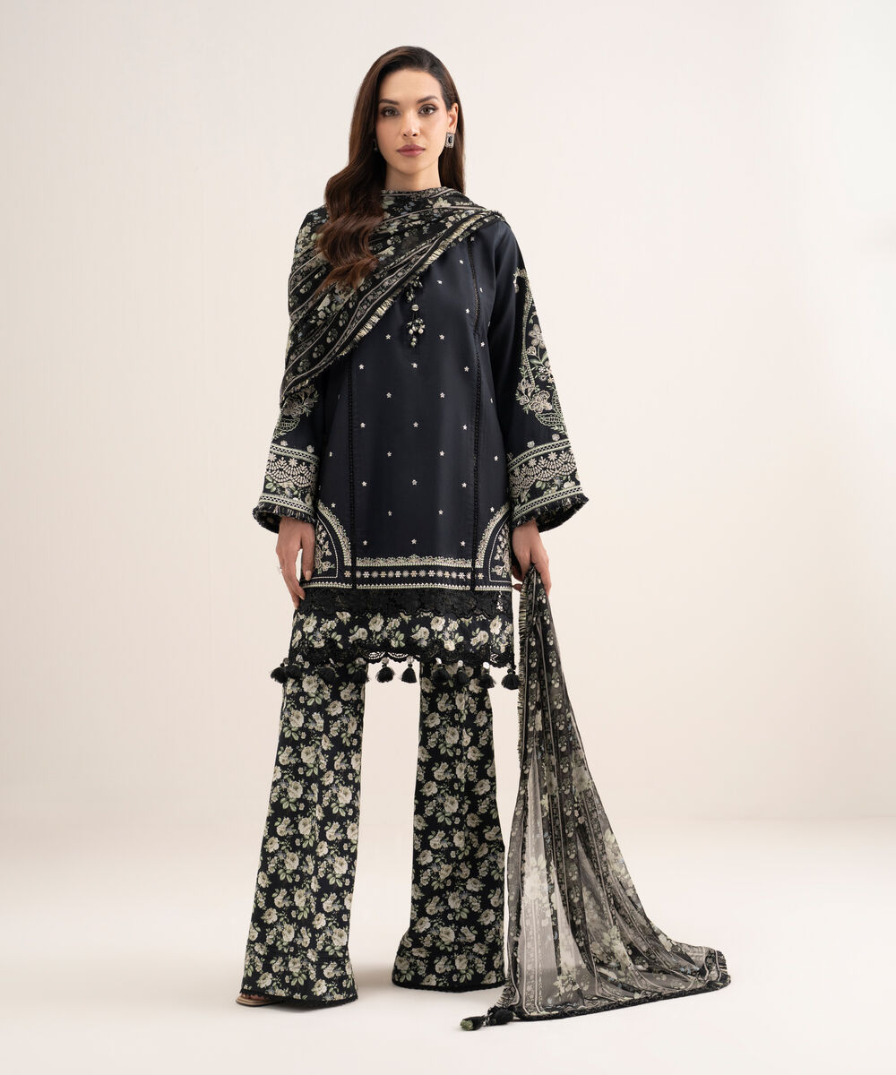 Women's Unstitched Textured Lawn Embroidered Black 3 Piece Suit