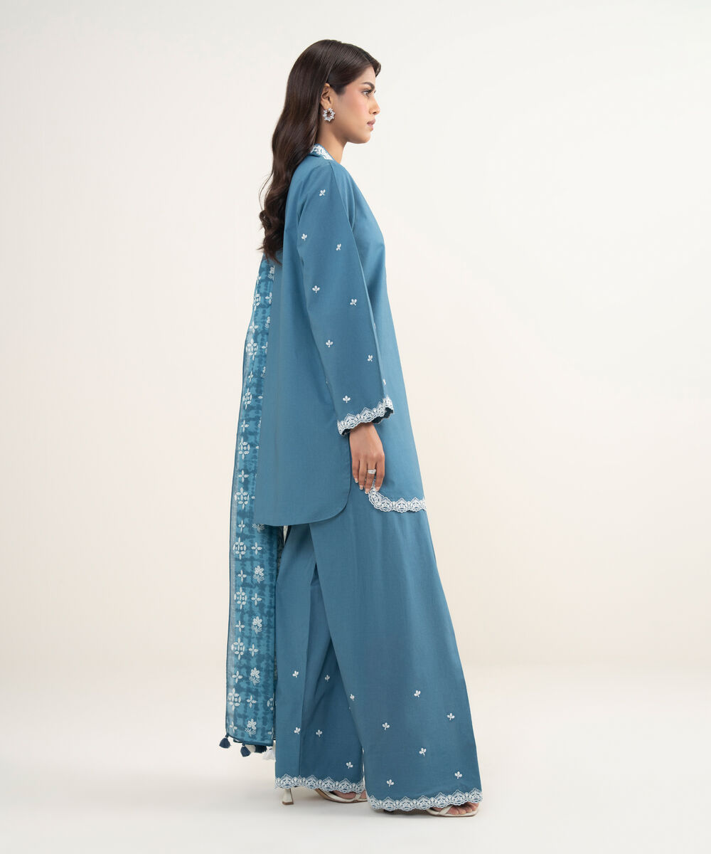 Women's Unstitched Lawn Embroidered Bllue 3 Piece Suit