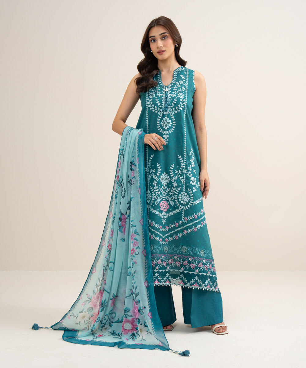 Women's Unstitched Lawn Embroidered Teal Green 3 Piece Suit
