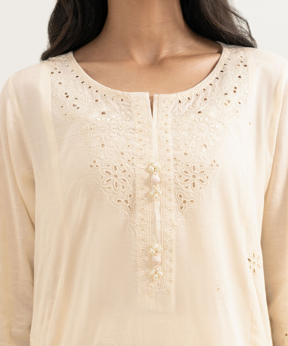 Women's RTW Self Jacquard Embroidered Off White A-Line Shirt