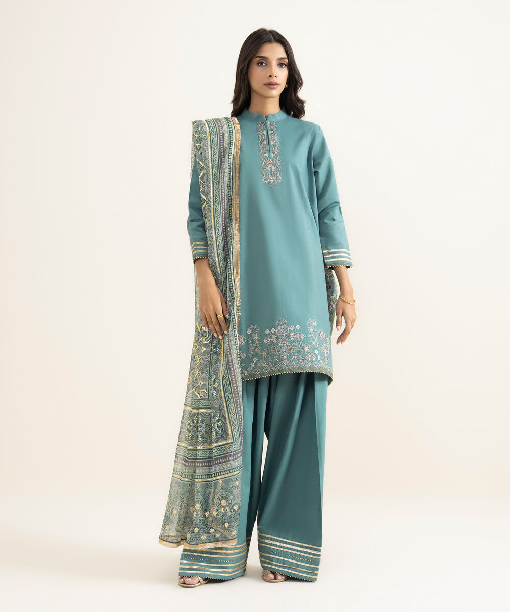 Women's Unstitched Textured Lawn Embroidered Green 3 Piece Suit