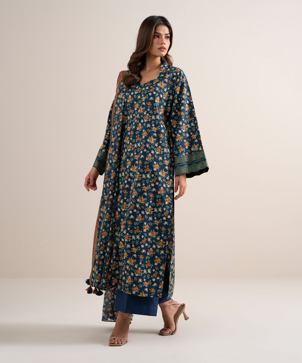 Women's Unstitched Lawn Printed Blue 3 Piece Suit