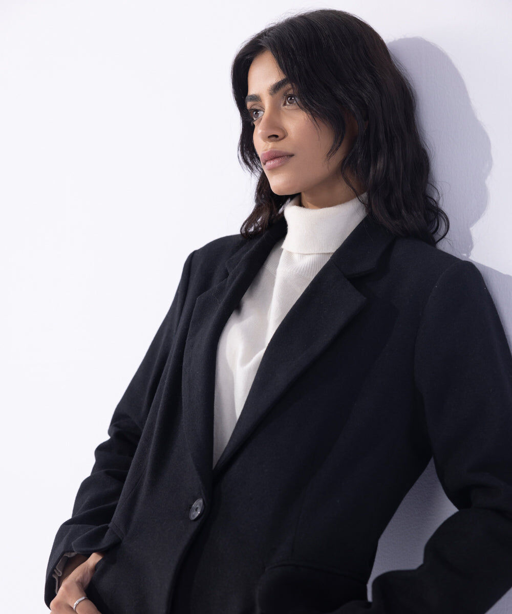 Woman - Black Single Button Coat