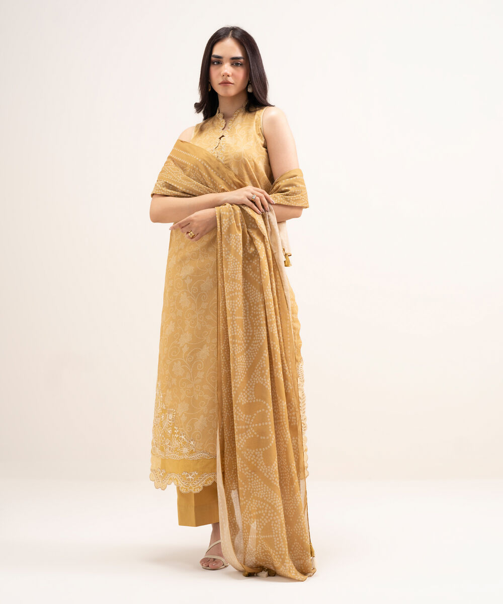 Women's Unstitched Lawn Embroidered Yellow 3 Piece Suit