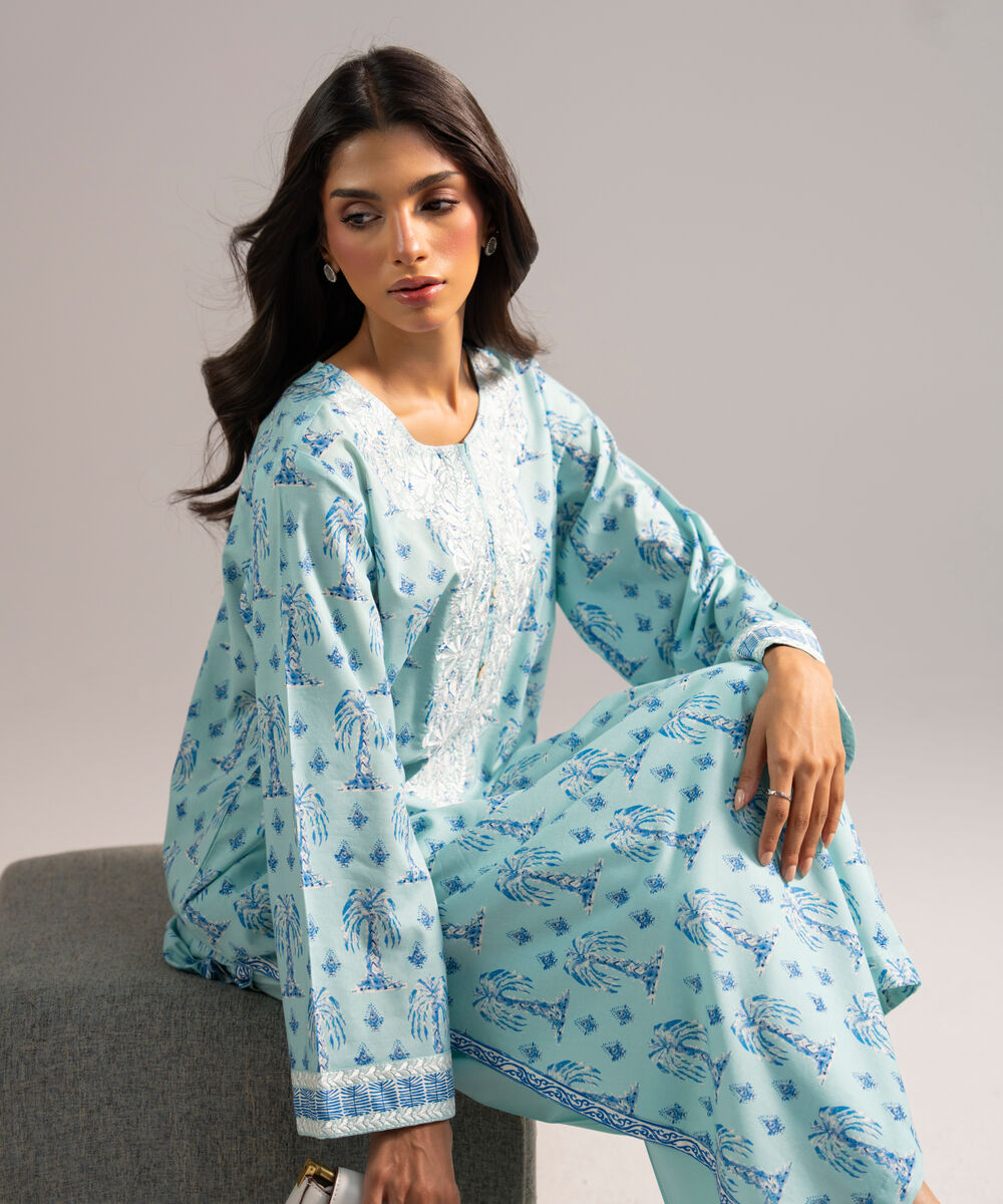 Women's RTW Cotton Viscose Embroidered Light Blue A-Line Shirt