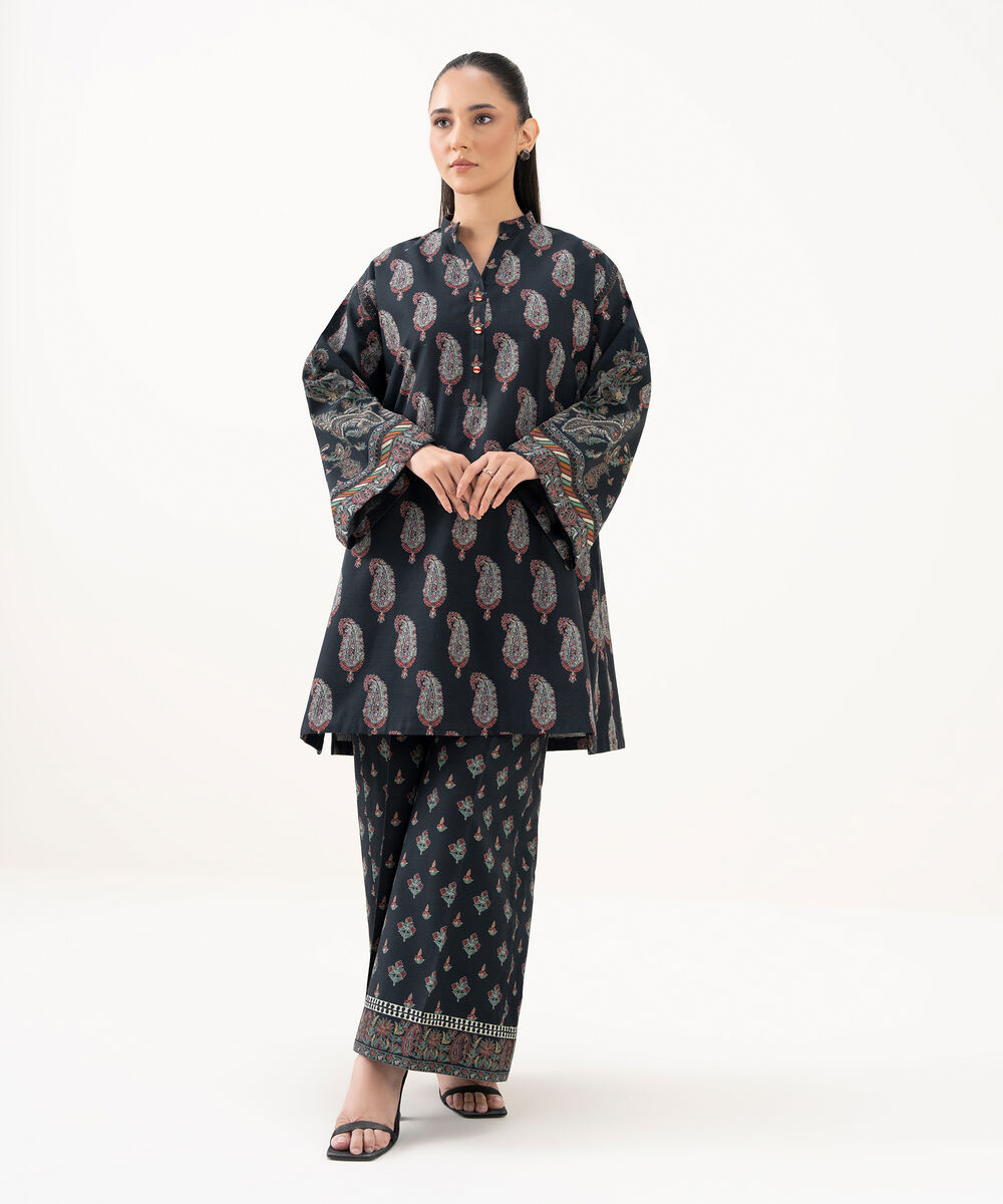Women's Unstitched Light Khaddar Printed Black 2 Piece Suit