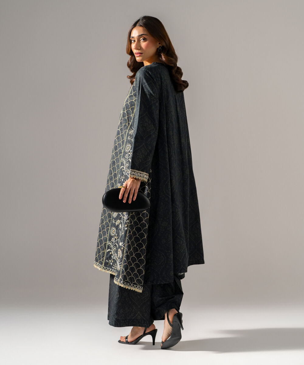 Women's RTW Cambric Printed Embroidered Black 2 Piece Suit