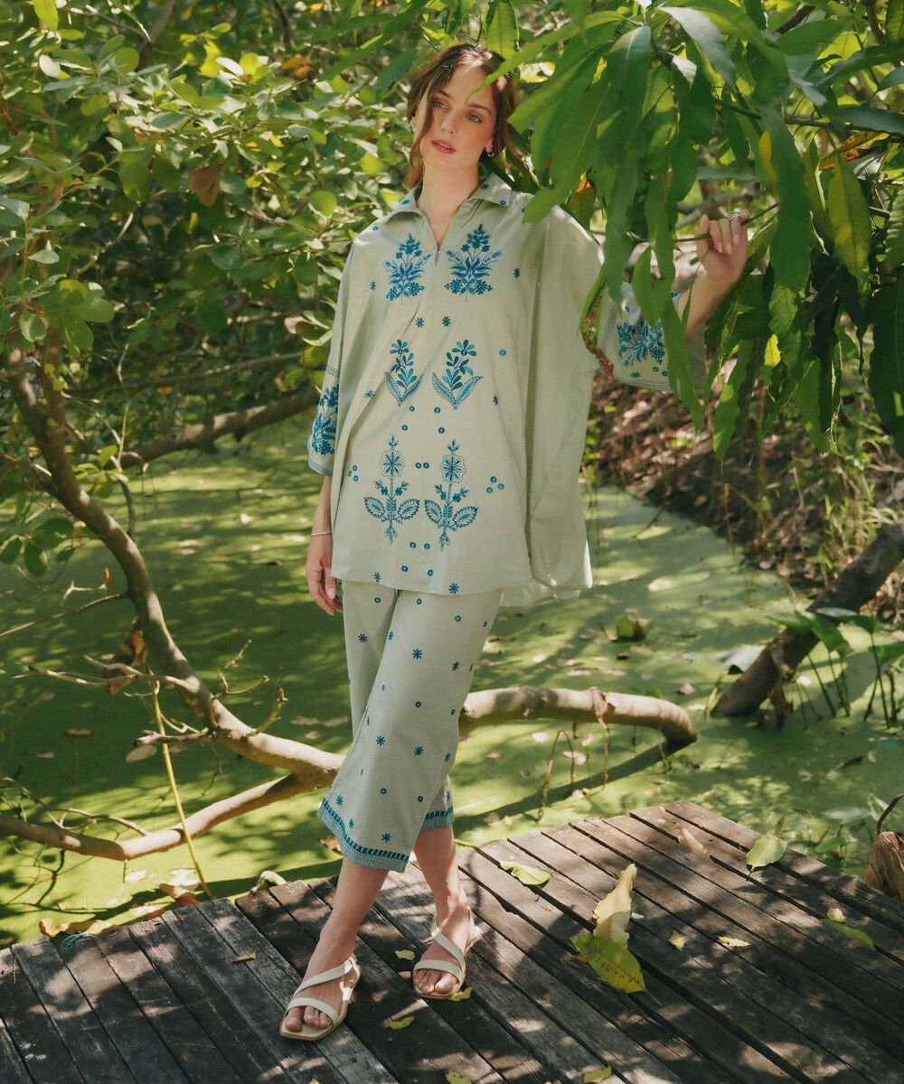 Women's RTW Dobby Embroidered Green Culottes