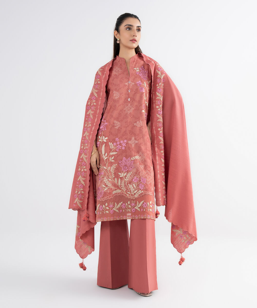 Women's Unstitched Cotton Jacquard Embroidered Pink 3 Piece Suit
