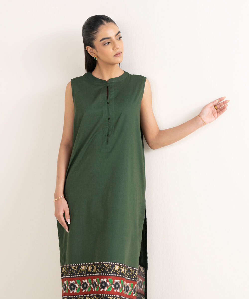 Women's RTW Cotton Viscose Solid Straight Green Shirt