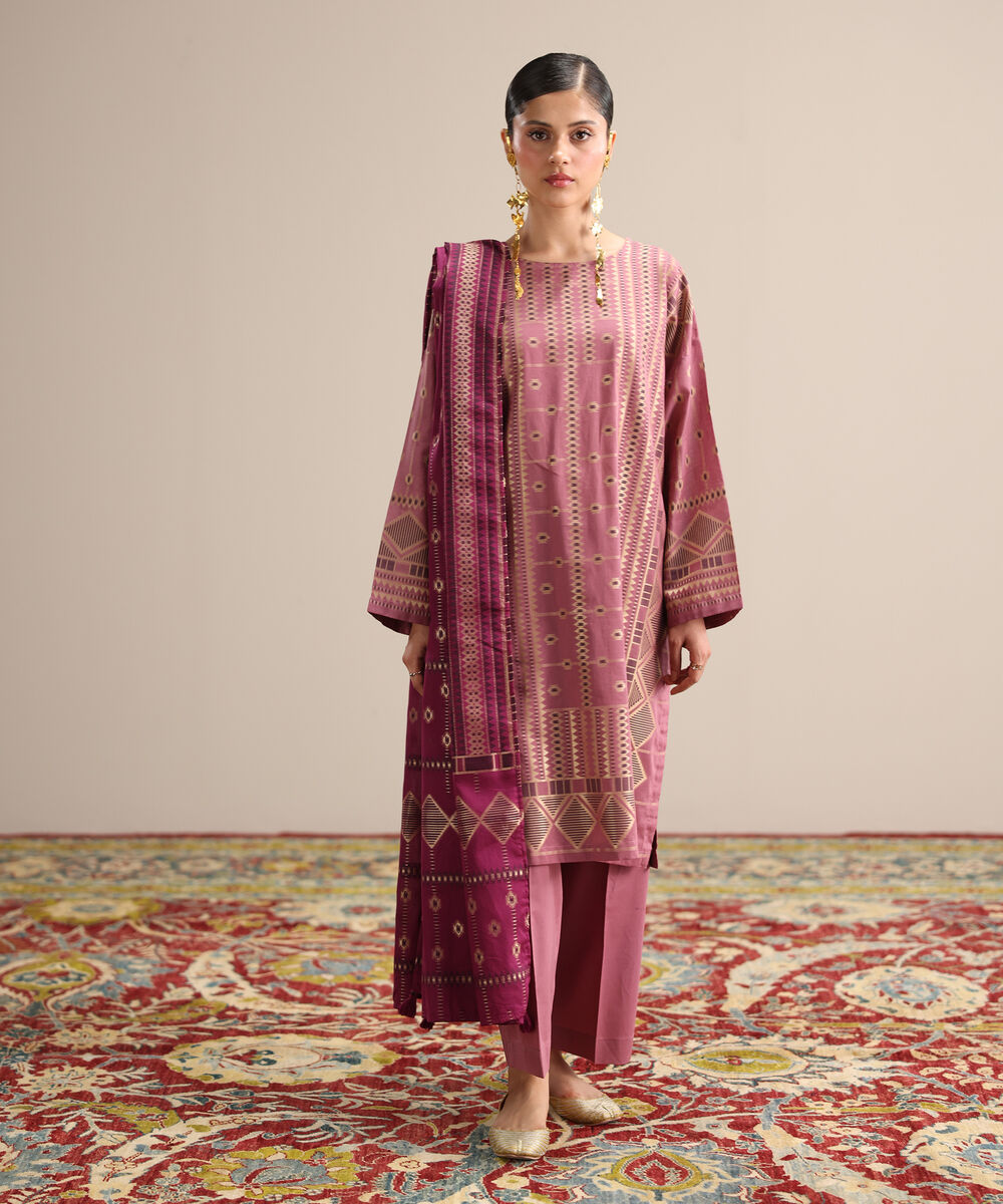 Women's RTW Extra Weft Jacquard Coral Pink Solid Boxy Shirt