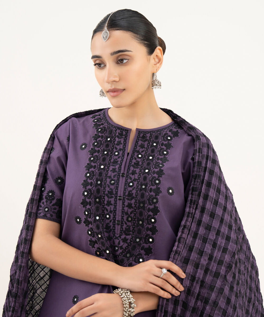 Women's Unstitched Cotton Embroidered Purple 3 Piece Suit
