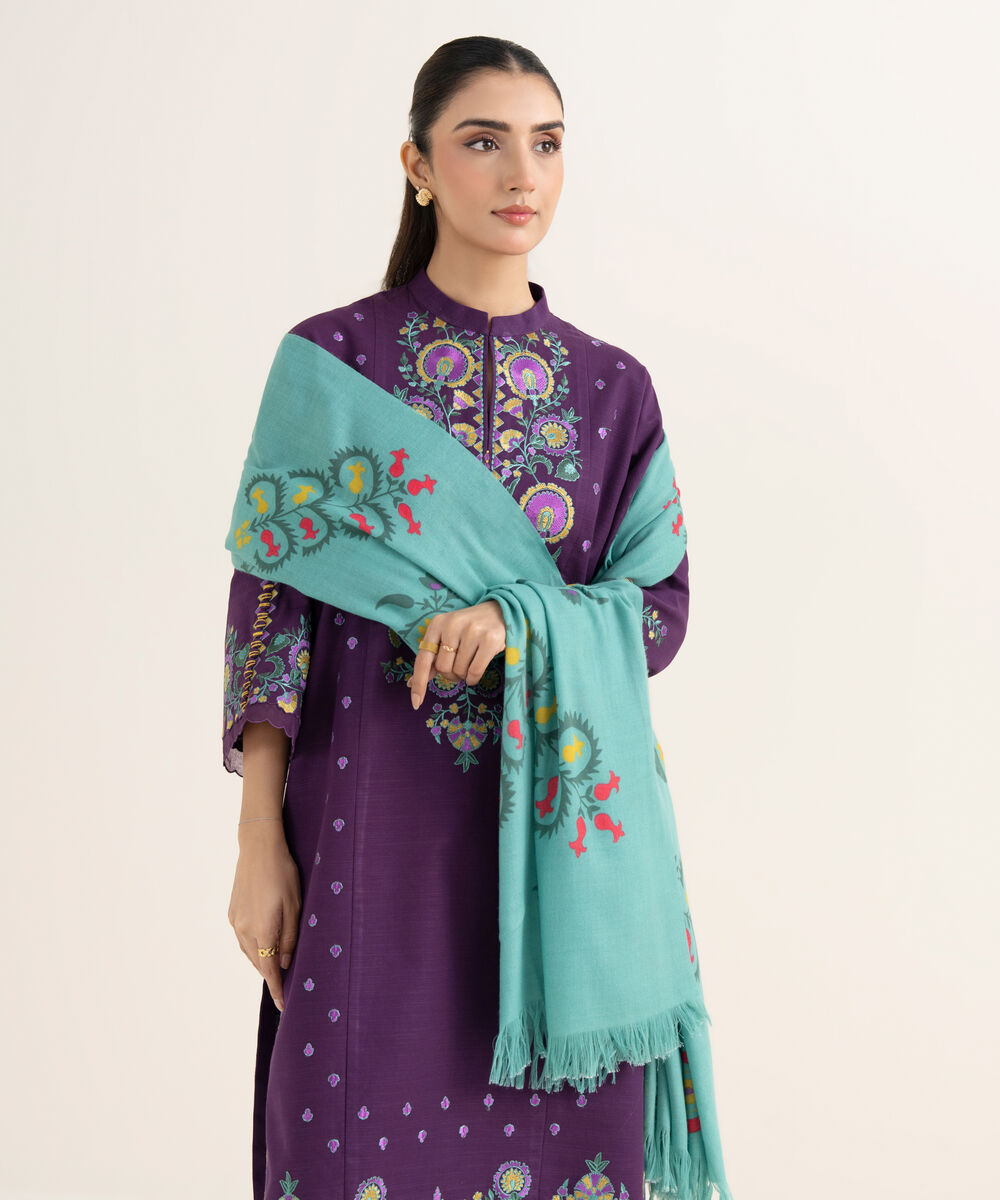 Women's Unstitched Embroidered Khaddar Purple 3 Piece Suit