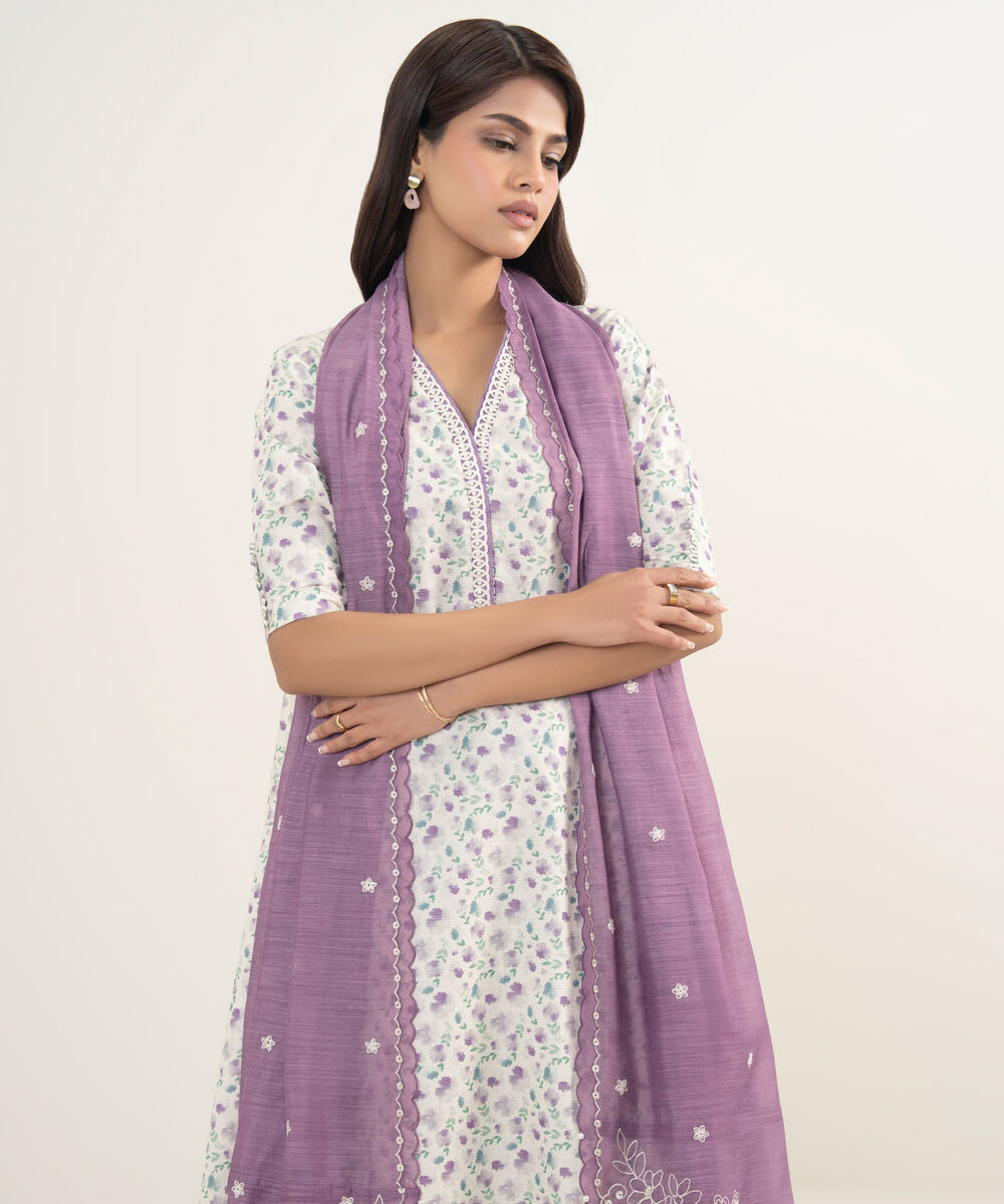 Women's Unstitched Zari Lawn Embroidered Purple 3 Piece Suit