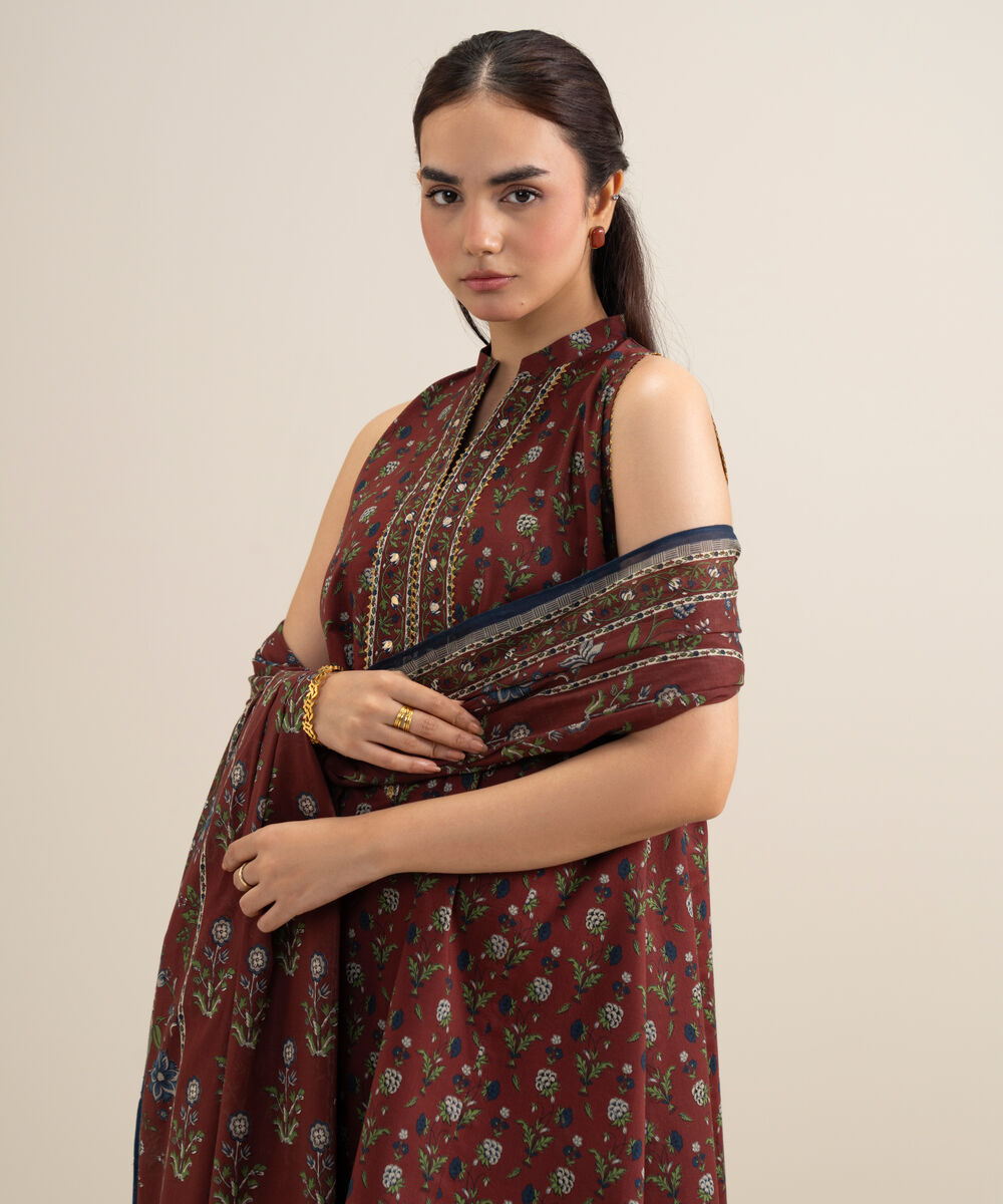 Women's Unstitched Lawn Printed Red 3 Piece Suit