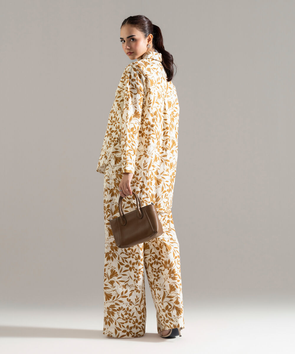 Women's RTW Seersucker Printed Cream White 2 Piece Suit