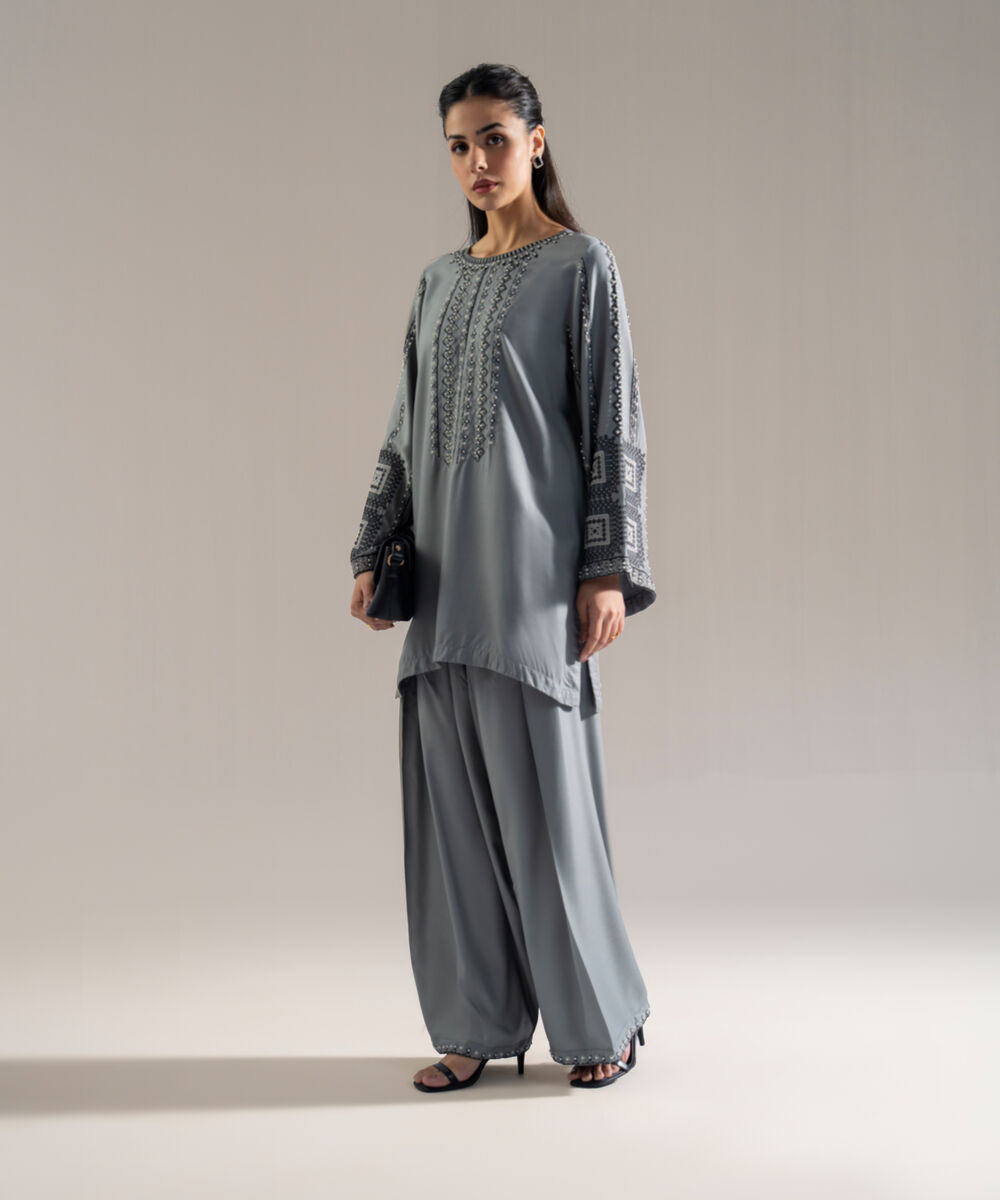 Women's RTW Bedford Solid Embroidered Grey Drop Shoulder Shirt