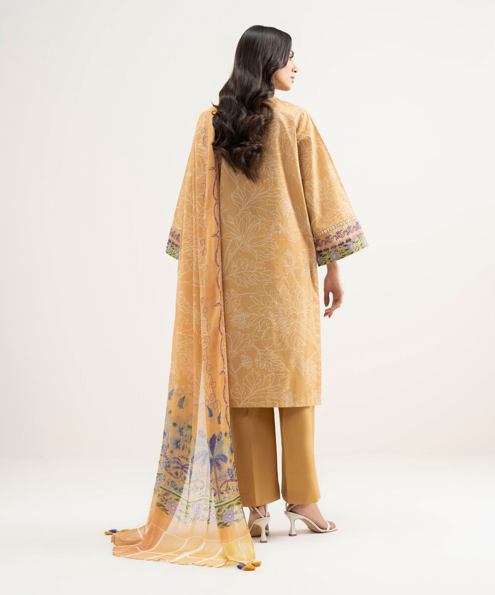 Women's Unstitched Lawn Embroidered Orange 3 Piece Suit
