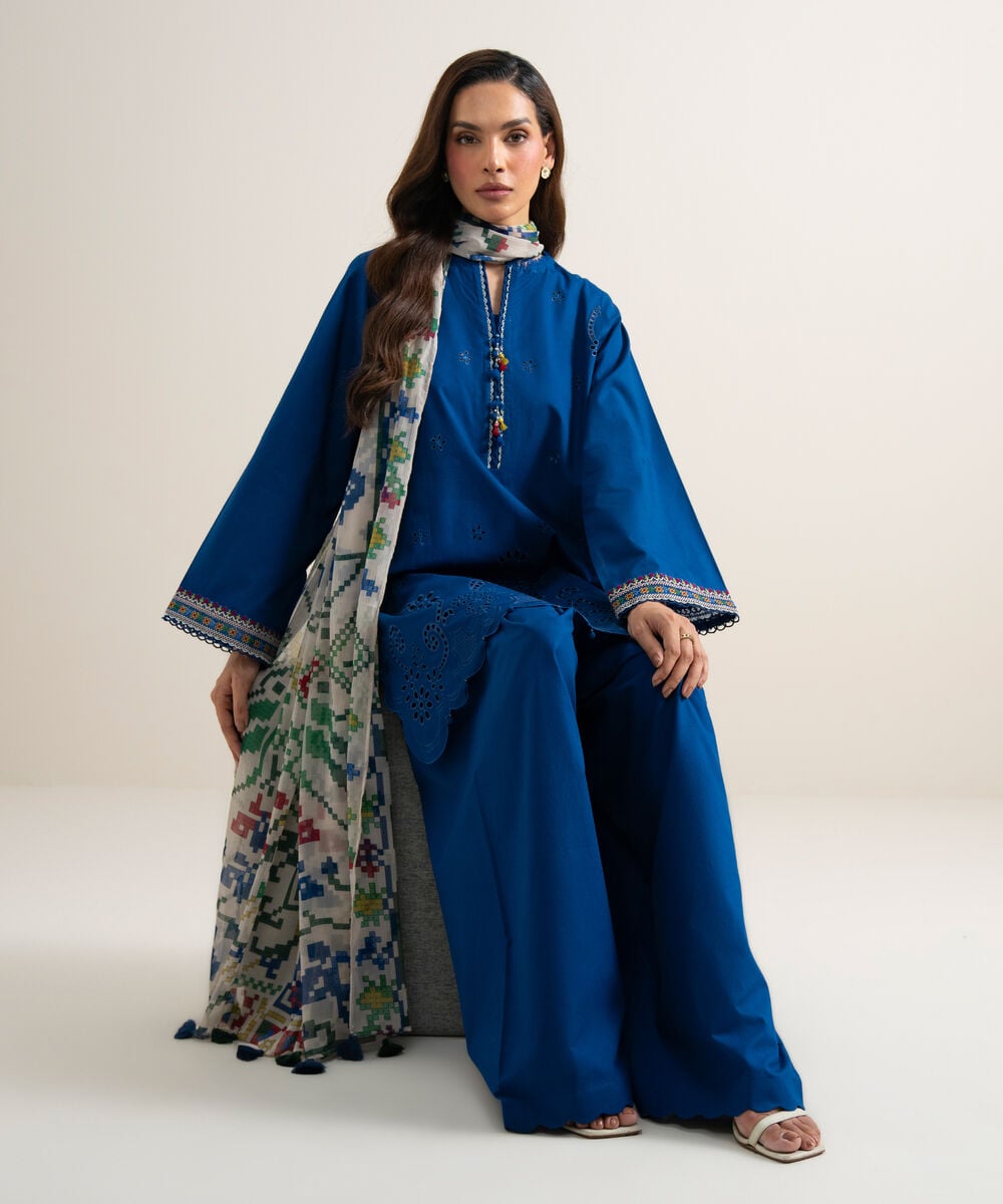 Women's Unstitched Lawn Embroidered Blue  3 Piece Suit