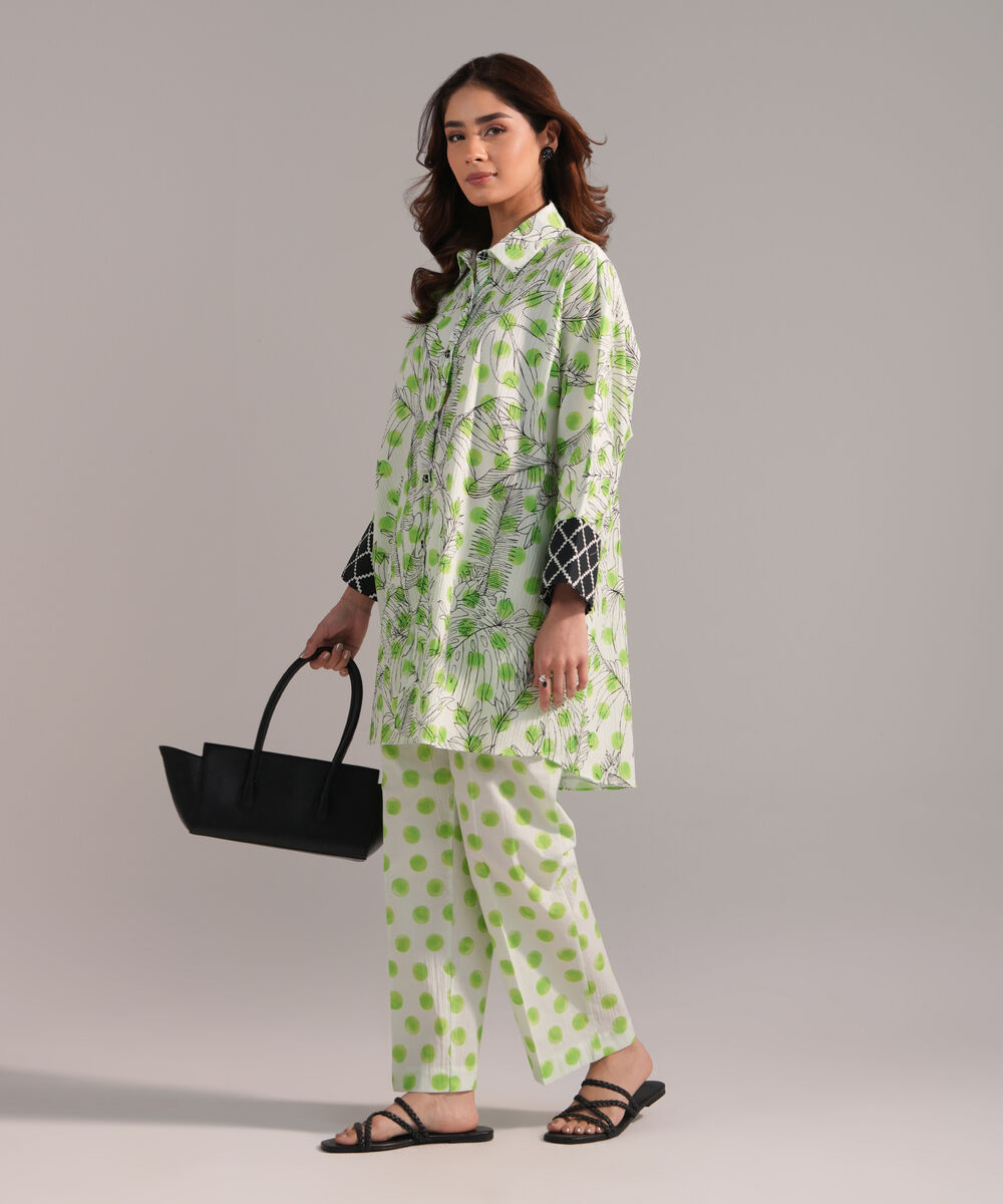 Women's RTW Seersucker Printed Green Drop Shoulder Shirt