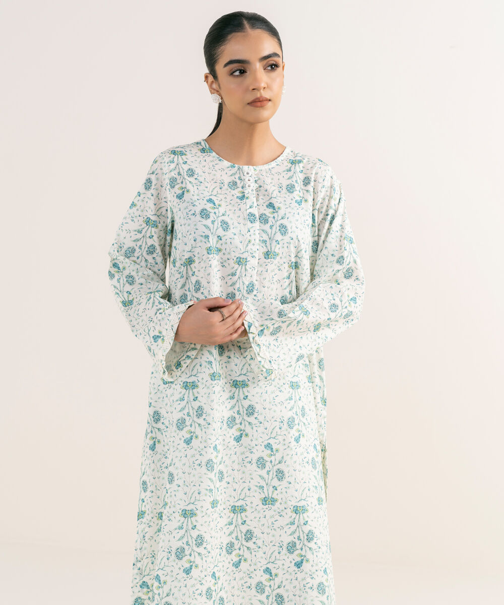 Women's RTW Textured Lawn White Printed A-Line Shirt