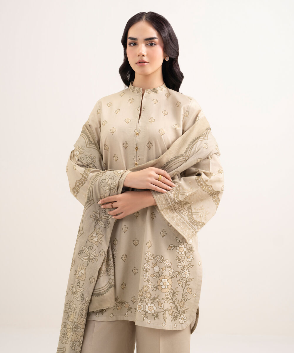 Women's Unstitched Lawn Printed Beige 3 Piece Suit