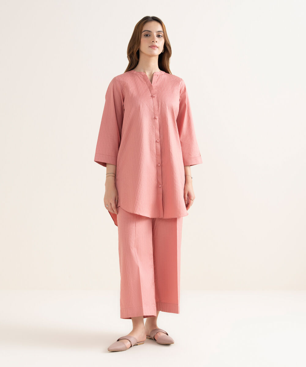 Women's RTW Handwoven Dobby Solid Button Down Pink Shirt