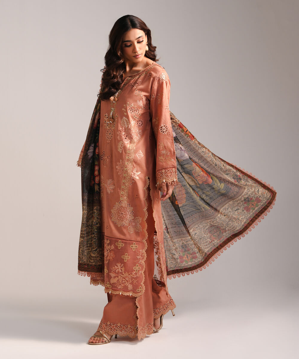 Women's RTW Self Jacquard Embroidered Blue 3 Piece Suit