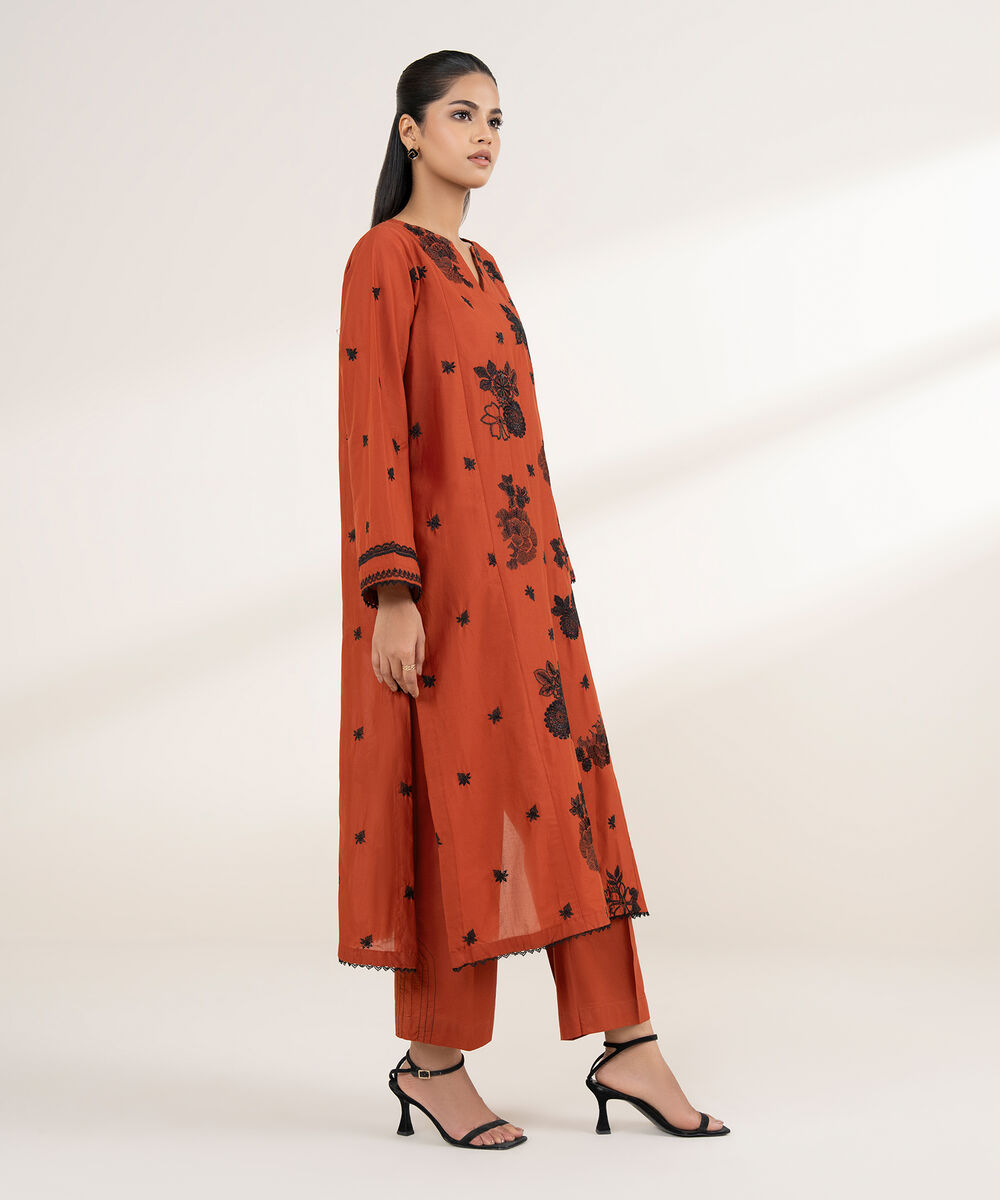 Women's RTW Lawn Orange Embroidered A-Line Shirt